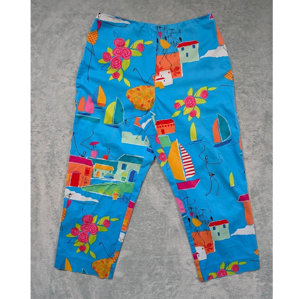 Vtg Marisa Christina Stretch Blue Novelty Print Sailboat Floral Cropped Pants 8